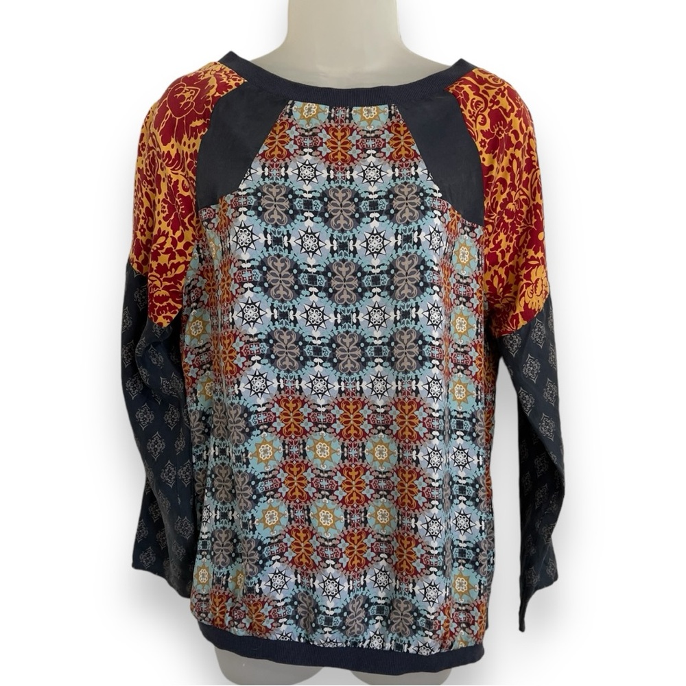 SUNDANCE Silk Crew Neck Pullover Top Patchwork Pattern Size Small